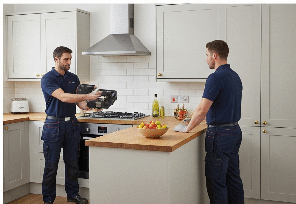 Two plumbers collaborating on boiler installation or repair, with one handing parts to the other in a kitchen with white cabinets.