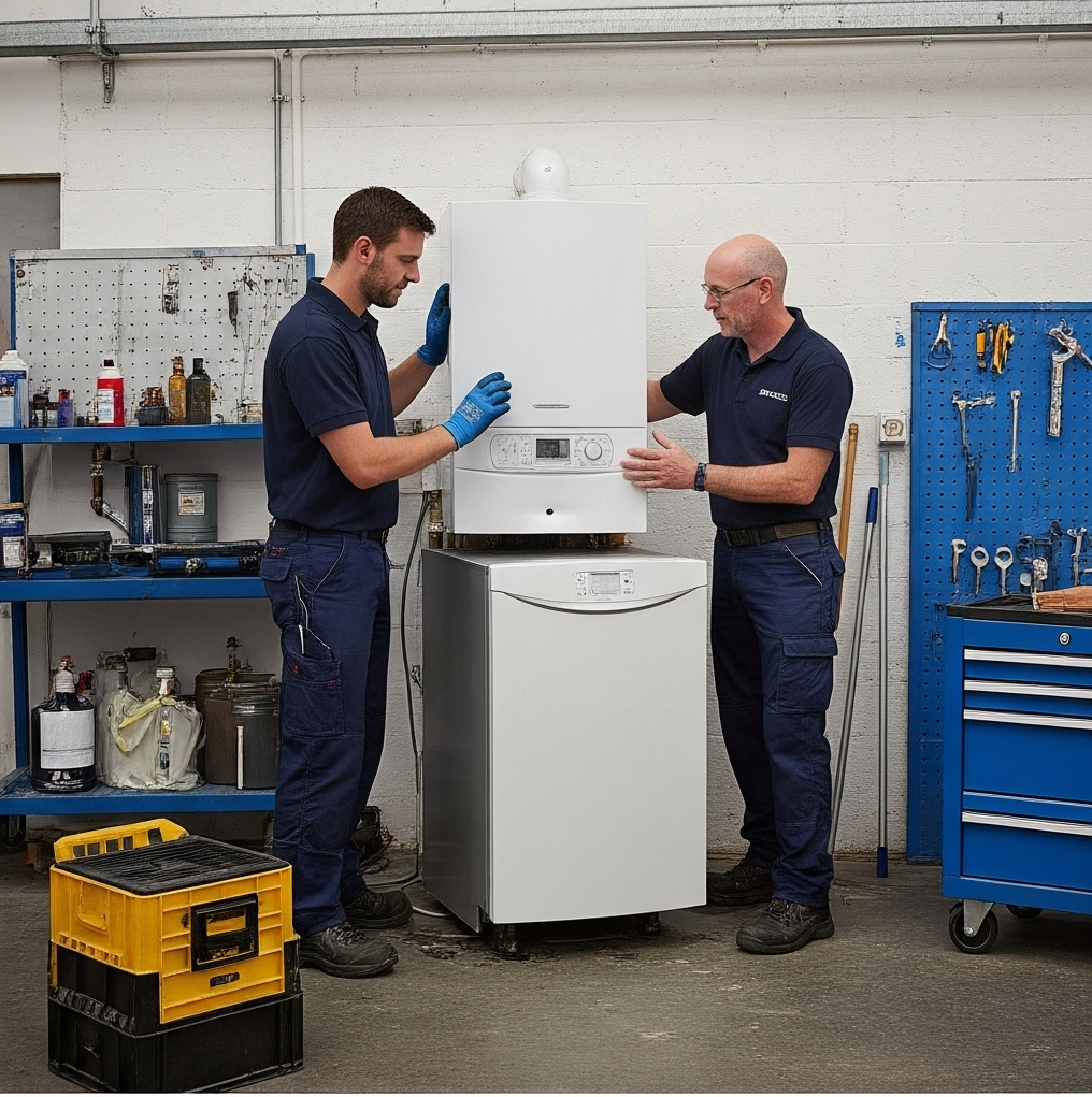 Two professional heating engineers installing a white boiler unit in a workshop with tools and equipment in the background