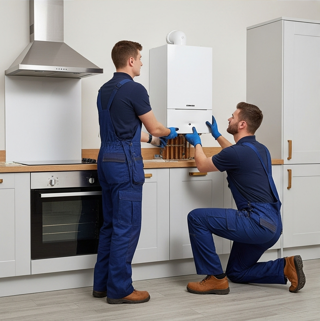 Two professional plumbers in a modern kitchen fitting or servicing a compact white boiler unit under the cabinetry.