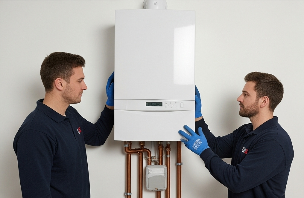 Two professional plumbers in navy uniforms and blue gloves carefully installing or inspecting a wall-mounted white boiler unit indoors.