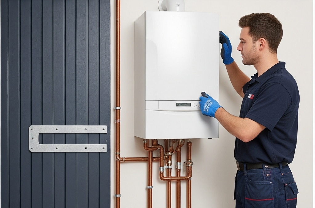 Two technicians installing a white boiler unit on a wall, using gloves and working together in a professional setting.