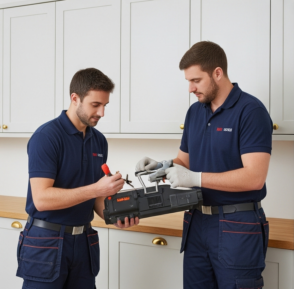 Two technicians working together to repair and test a boiler component in a modern kitchen with white cabinetry.