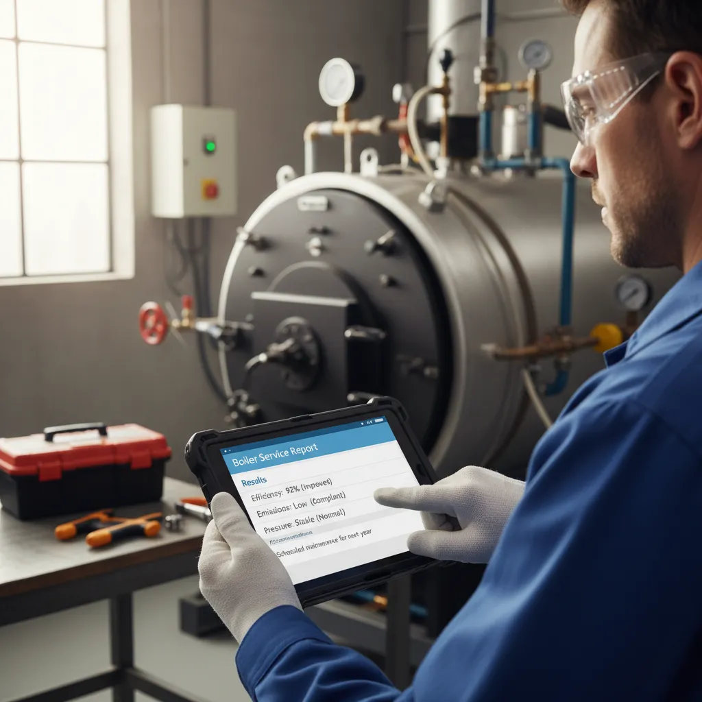 Engineer with boiler service report on tablet
