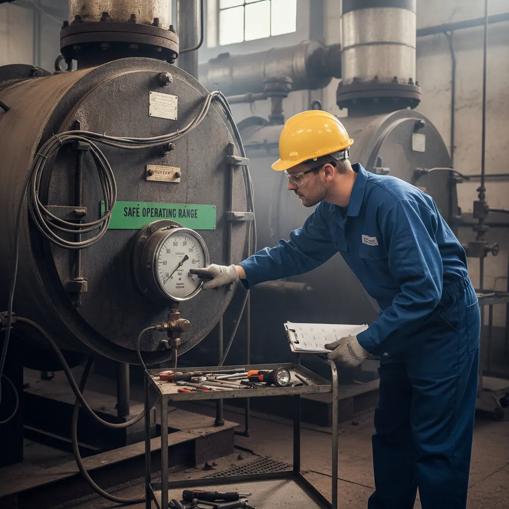 Engineer checking boiler pressure for commercial client