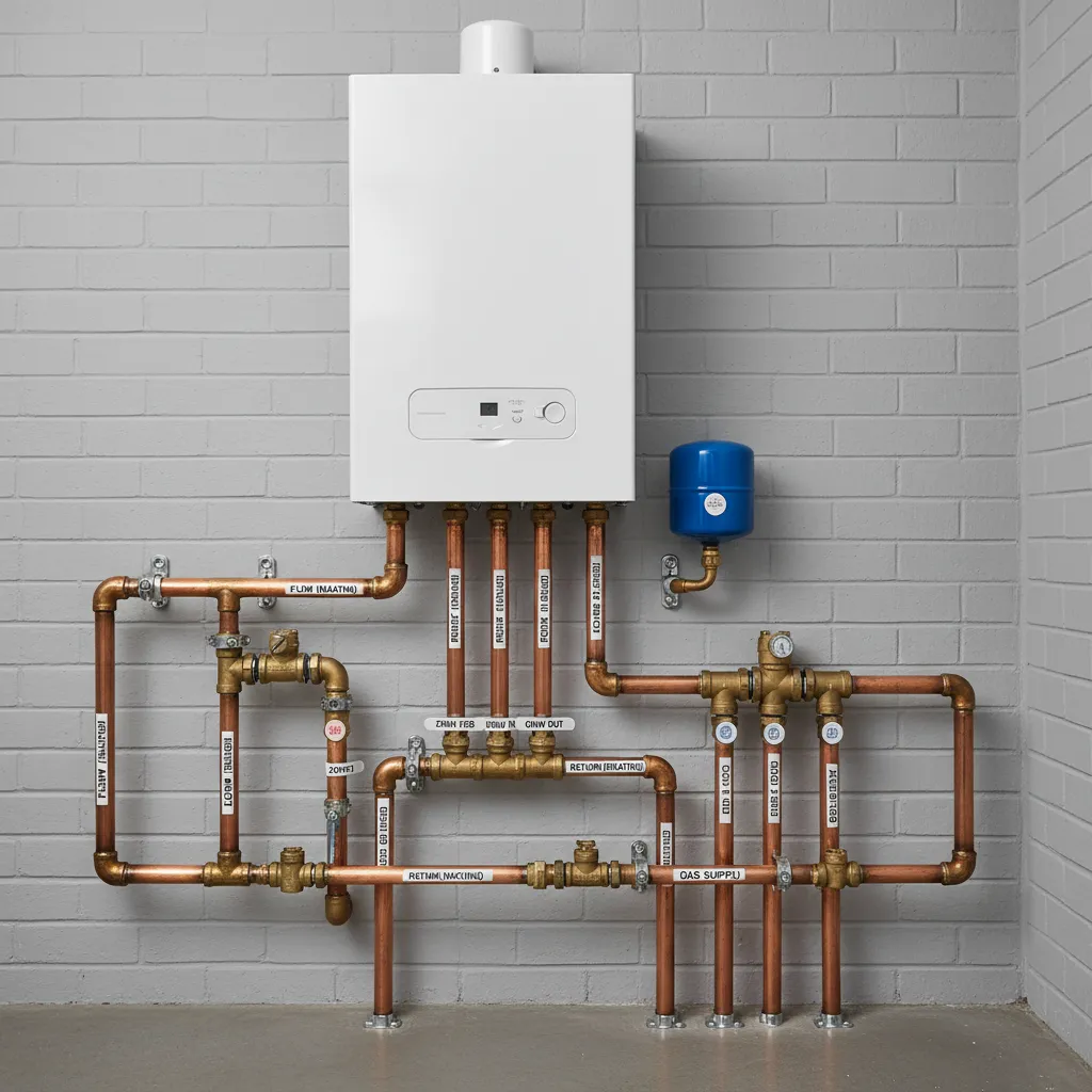 Completed boiler installation with clean pipes and valves