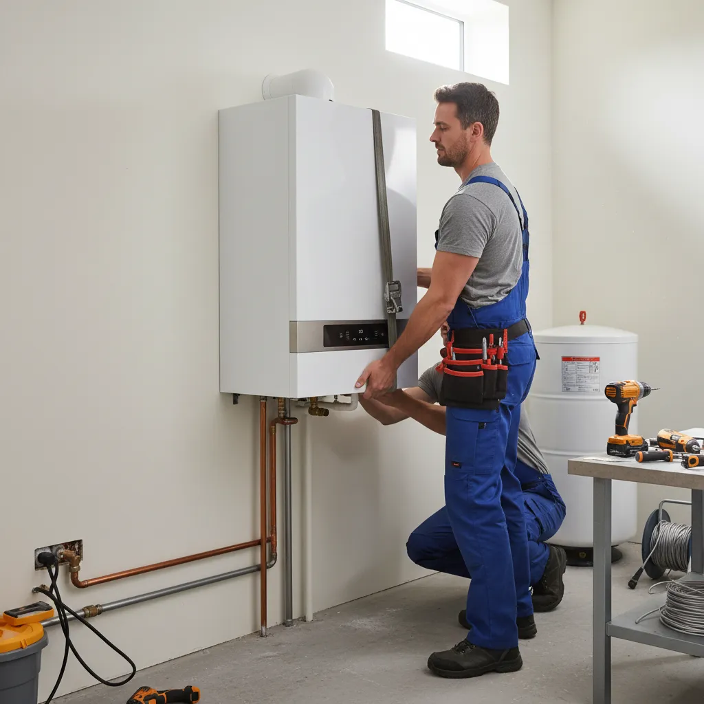 Contractor lifting modern boiler into a utility room for upgrade