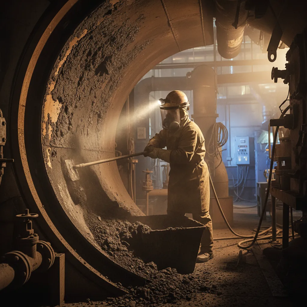 Engineer cleaning boiler chambers