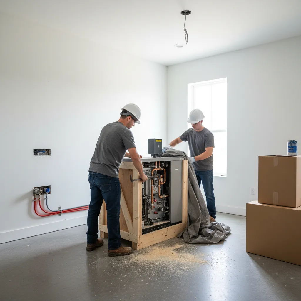 New boiler being unpacked for a new build home