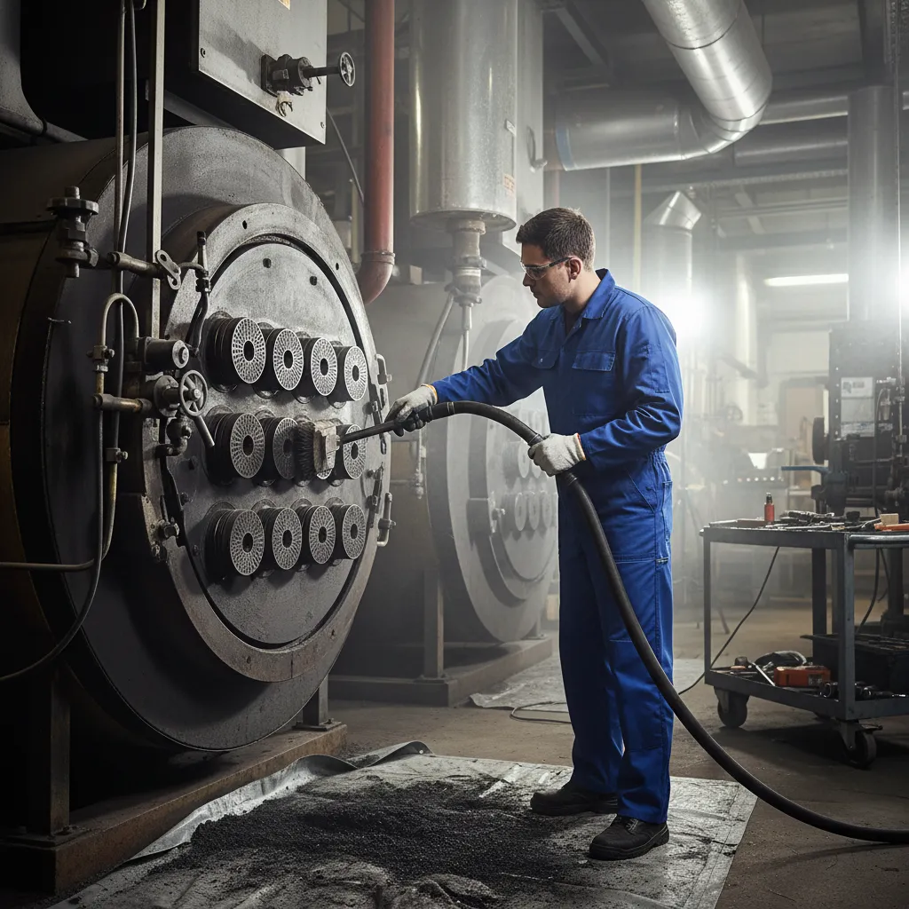 Technician cleaning boiler burners