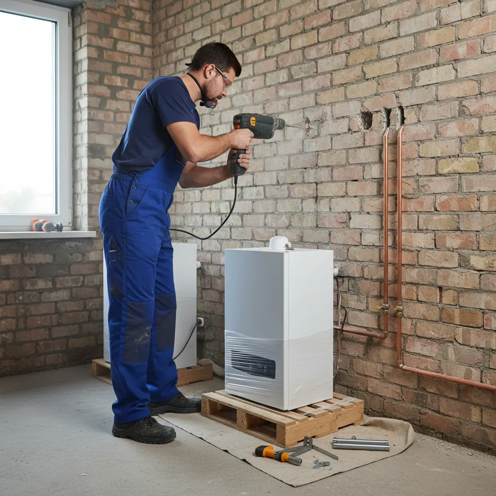 Technician drilling boiler mount