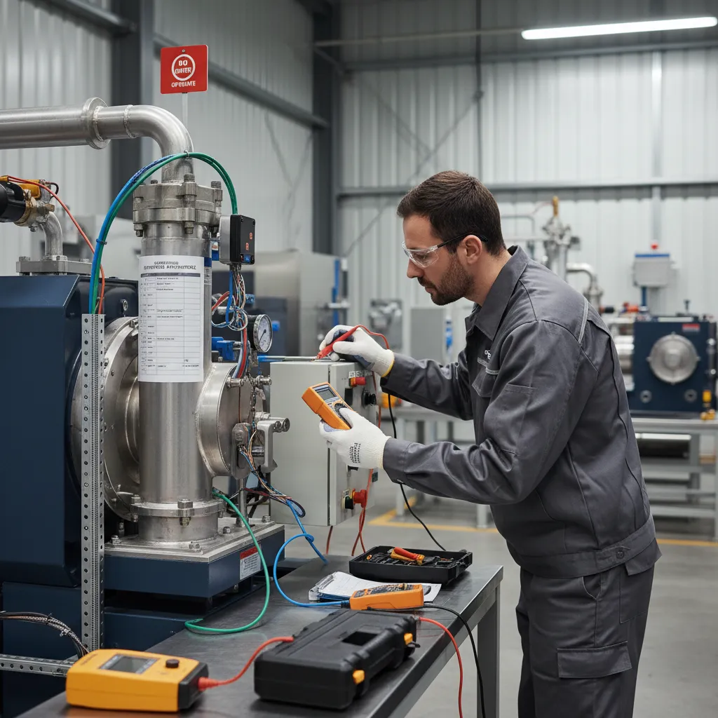 Technician performing pre-ignition safety check on a new boiler
