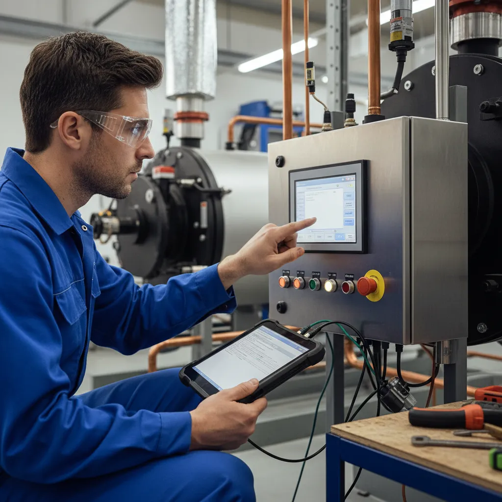Technician programming a digital boiler control, resembling a smart thermostat setup.
