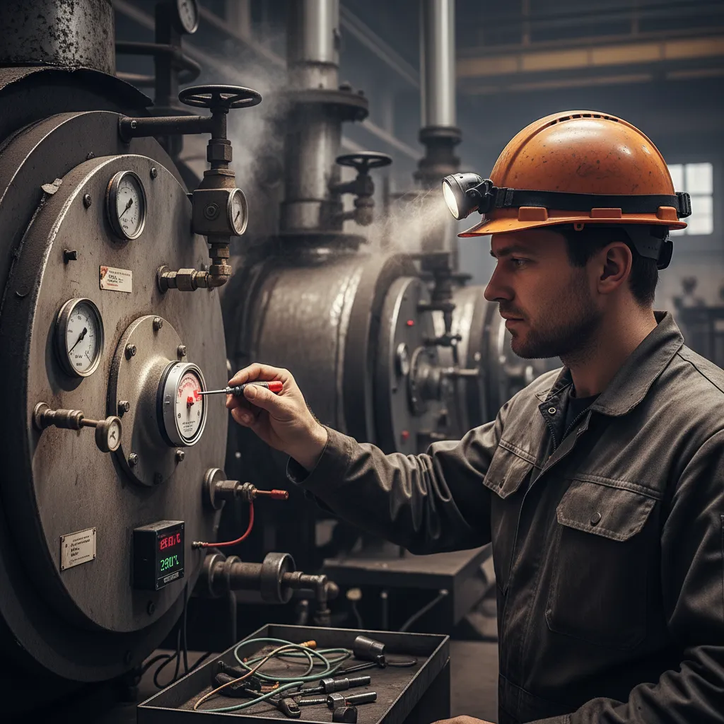 Engineer calibrating smart thermostat for boiler