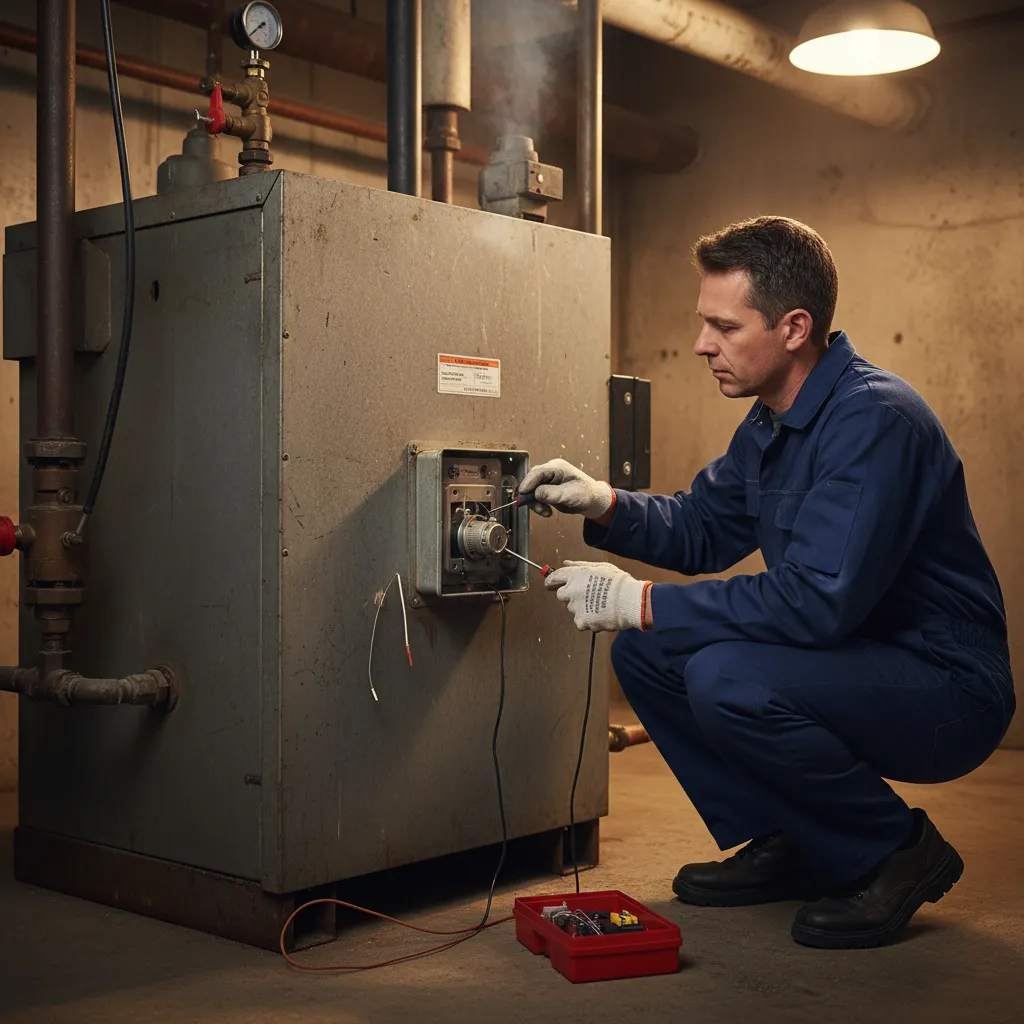 Worker calibrating boiler thermostat