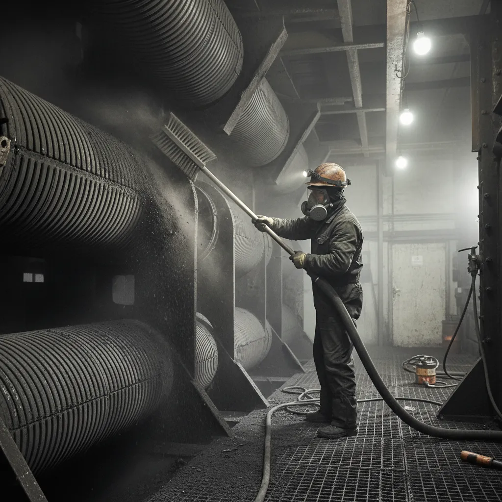 Worker cleaning boiler soot